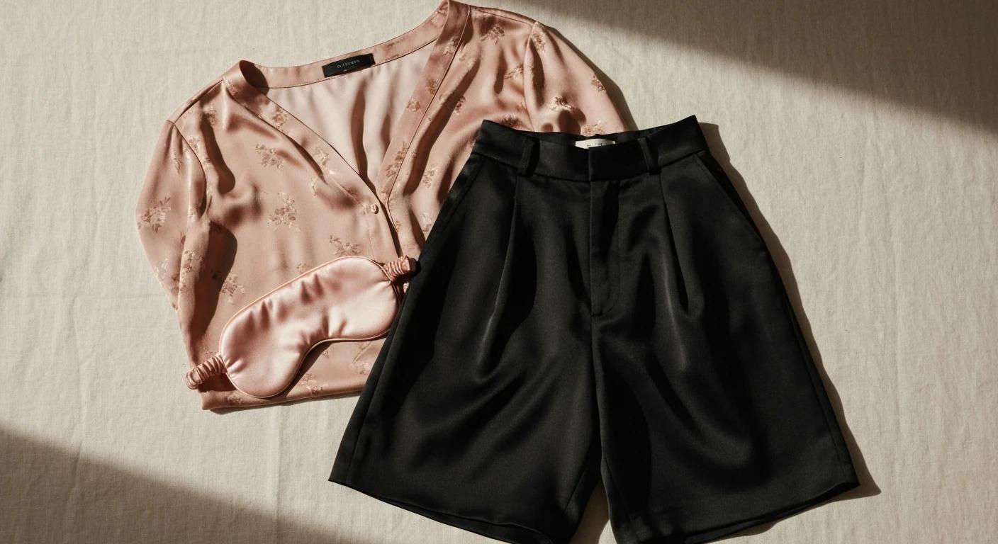 Flat-lay Eluvienne – hodvábna košeľa a čipkované nohavičky na ľane
