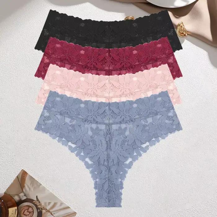 FINETOO Lot de 4 culottes sexy en dentelle florale pour femme, taille haute, ajourées, en tissu doux