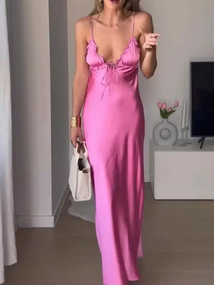 Robe longue en Satin pour femmes, Texture décorative laminée, col en v, dos nu, rouge, robe de soiré