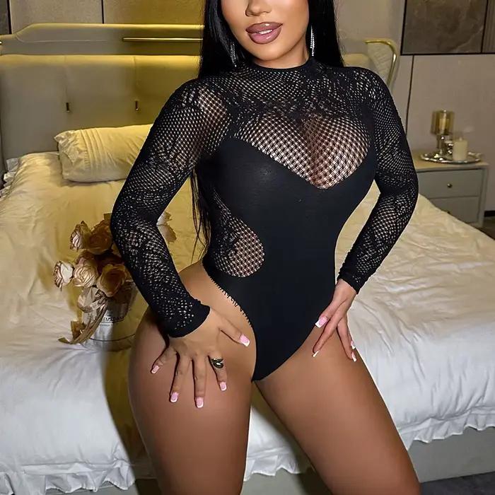Lingerie sexy pour femme adulte, body résille noir transparent à entrejambe ouvert, sous-vêtements, 