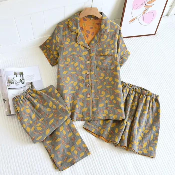 Pyjama d'été trois pièces en coton pour femme, pantalon à manches courtes, rétro, slim, surdimension