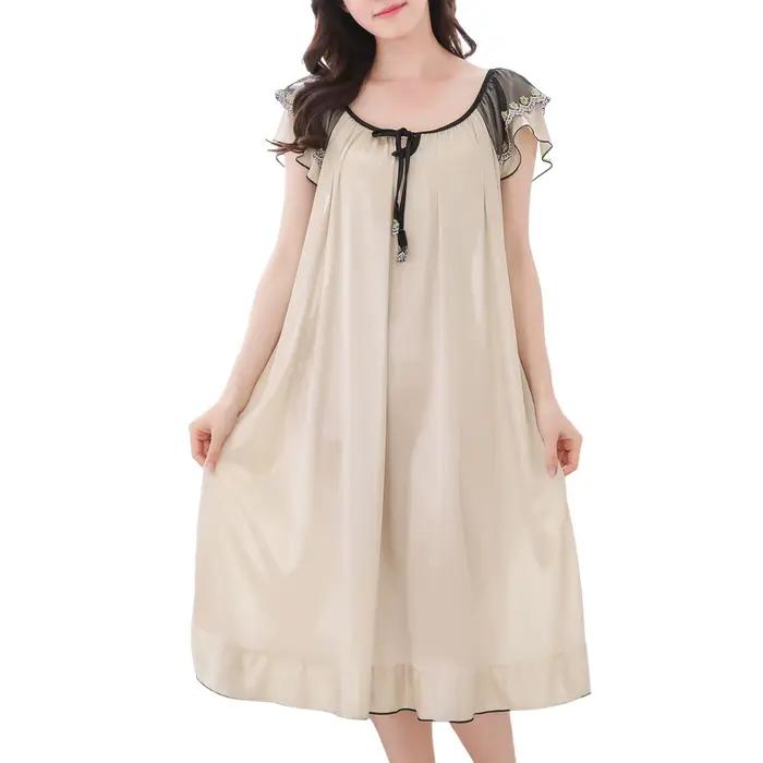 Robe de nuit longue à manches courtes et col en V pour femmes, vêtements d'intérieur, chemise de nui