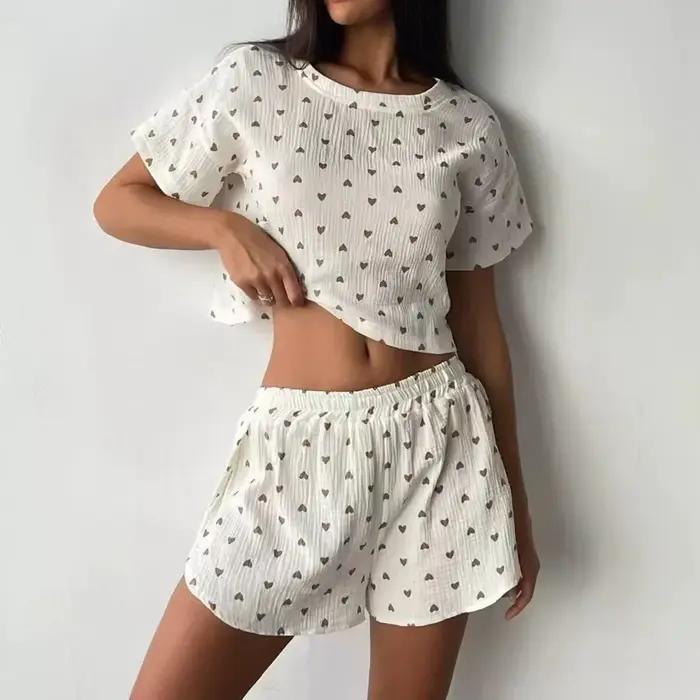 Nouveaux pyjamas décontractés pour femmes, imprimés cœurs, en coton doux et confortable, avec short 
