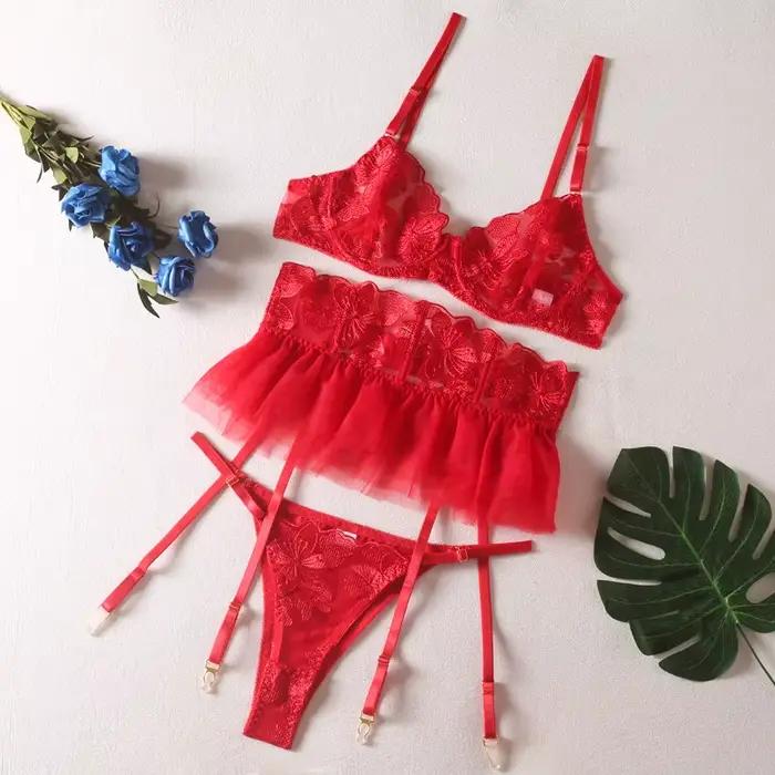Toucheart-Ensemble de lingerie 3 pièces pour femme, jarretelles, mini jupe, soutien-gorge brodé tran