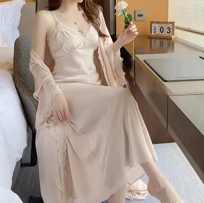 Ensemble De Robe De Style princesse, 2 pièces, Chemise De nuit Sexy en dentelle, Patchwork, Chemise 