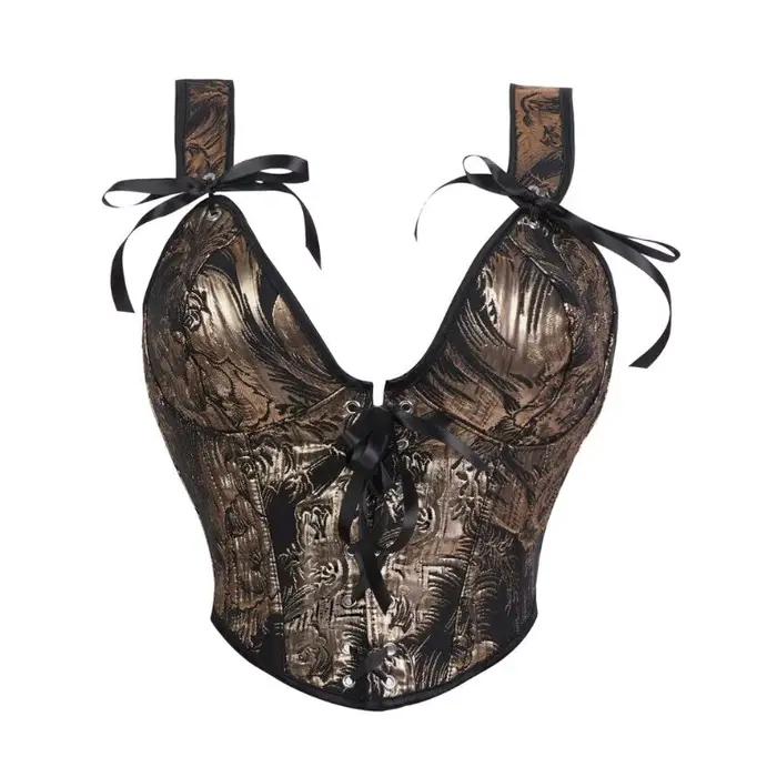 Corset pour femme noir et or, jacquard baroque, avec nœud à nouer, larges bretelles, décolleté en V 