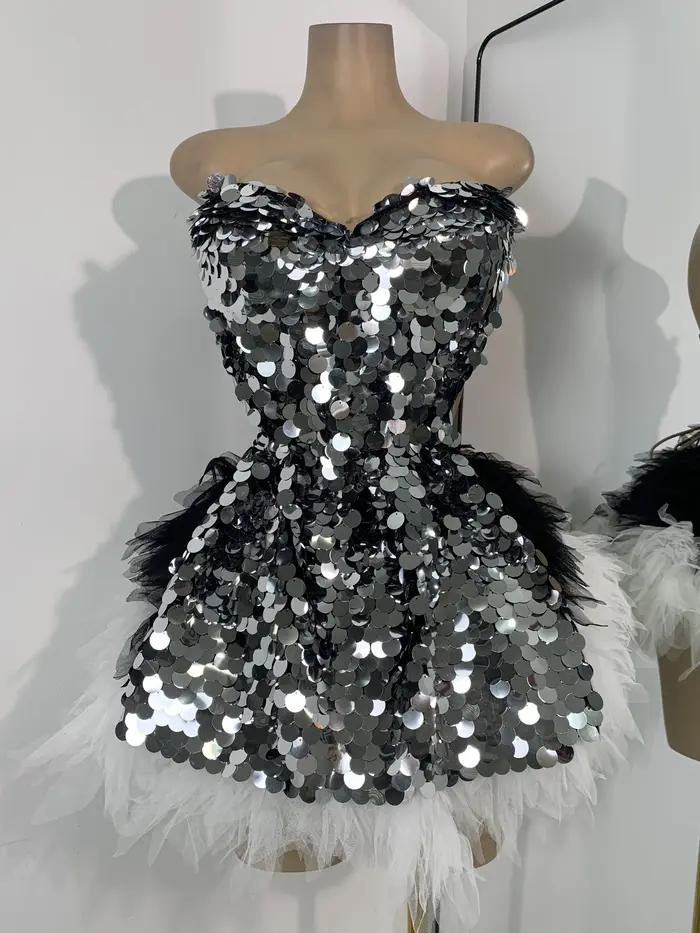 Costume deux pièces à volants et paillettes brillantes pour femmes, ensemble robe dos nu, Costume de