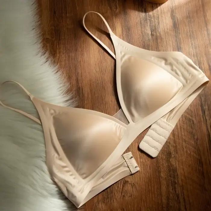Soutien-gorge en satin laiteux à col en V profond, maintien doux, bretelles ajustables, bonnets tria