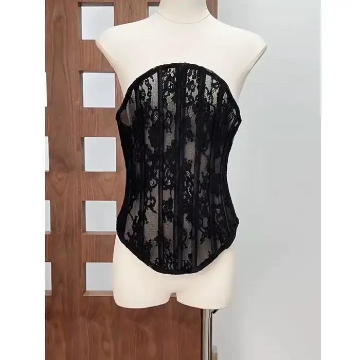 Bustier en dentelle noire transparente pour femmes, Corset Sexy sans bretelles, désossé, haut court,