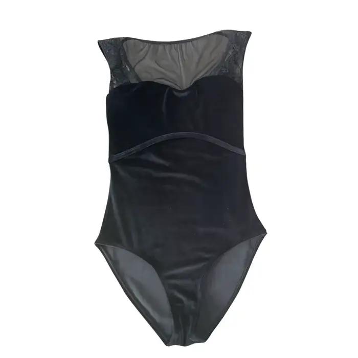 Justaucorps de ballet vintage noir en velours pour femme, tenue de danse douce, costume de gymnastiq