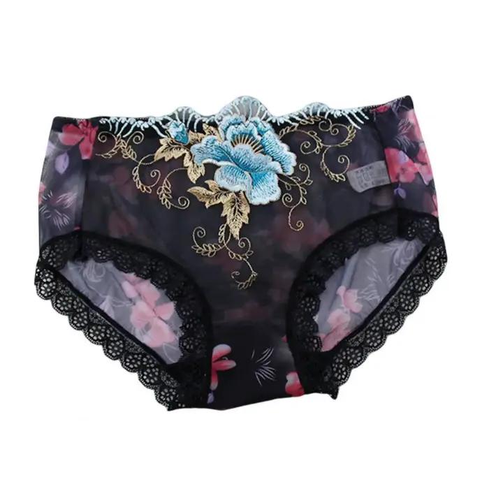 Culotte taille moyenne brodée de fleurs pour femmes, culotte en dentelle transparente commandée, sli