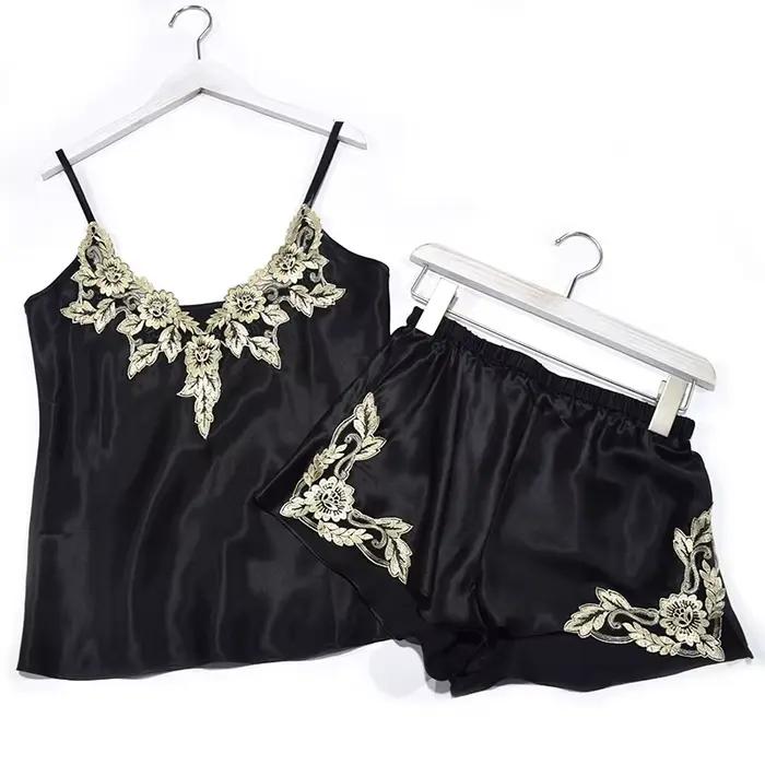 Injpajamas-Ensemble deux pièces en soie, camisole 600 ultra Goals, dentelle sexy fendue, service à d