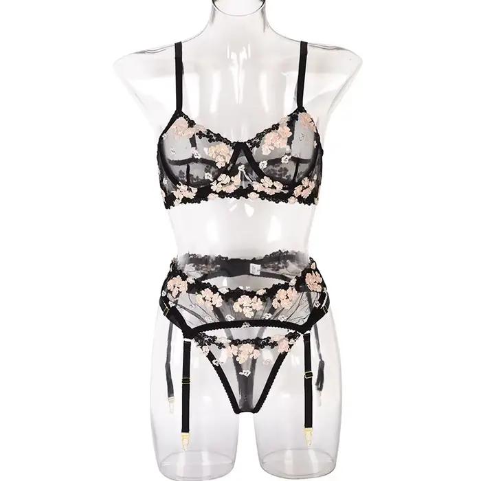 Ensemble de Lingerie de nuit de mariée, brodé Floral, transparent, à armatures, soutien-gorge push-u