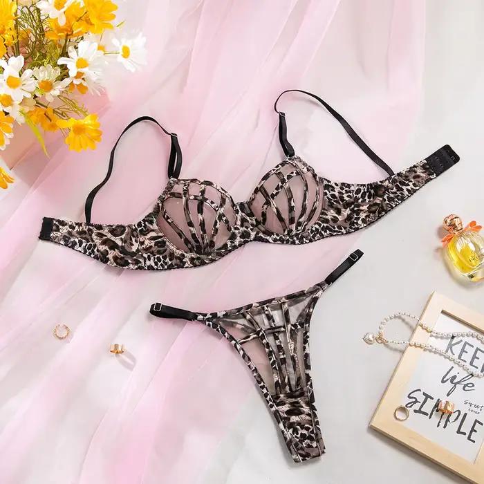 Ensemble de soutien-gorge en maille léopard pour femmes, Lingerie transparente Push Up, string décou