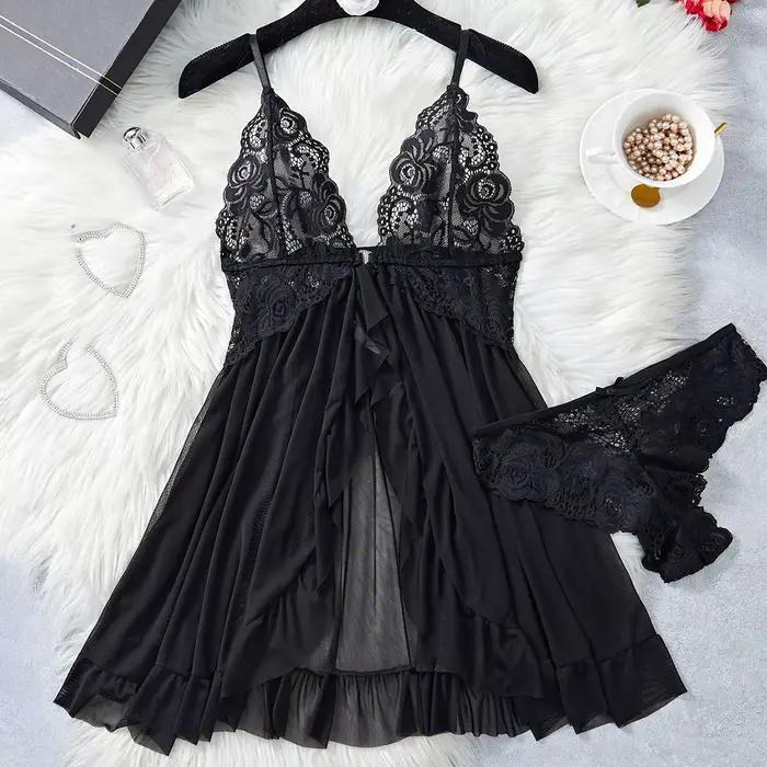 Chemise de nuit et culotte en dentelle transparente pour femmes, lingerie sexy bleue, sous-vêtements
