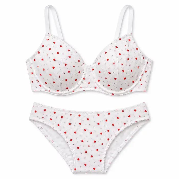 Ensemble de lingerie côtelé imprimé fraises pour femme, soutien-gorge à armatures à bonnets fins et 