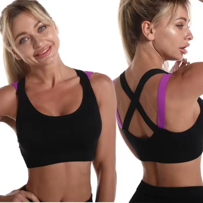 Soutien-gorge de sport croisé à blocs de couleur, beau dos, sans anneau en acier, gilet de Yoga, pro