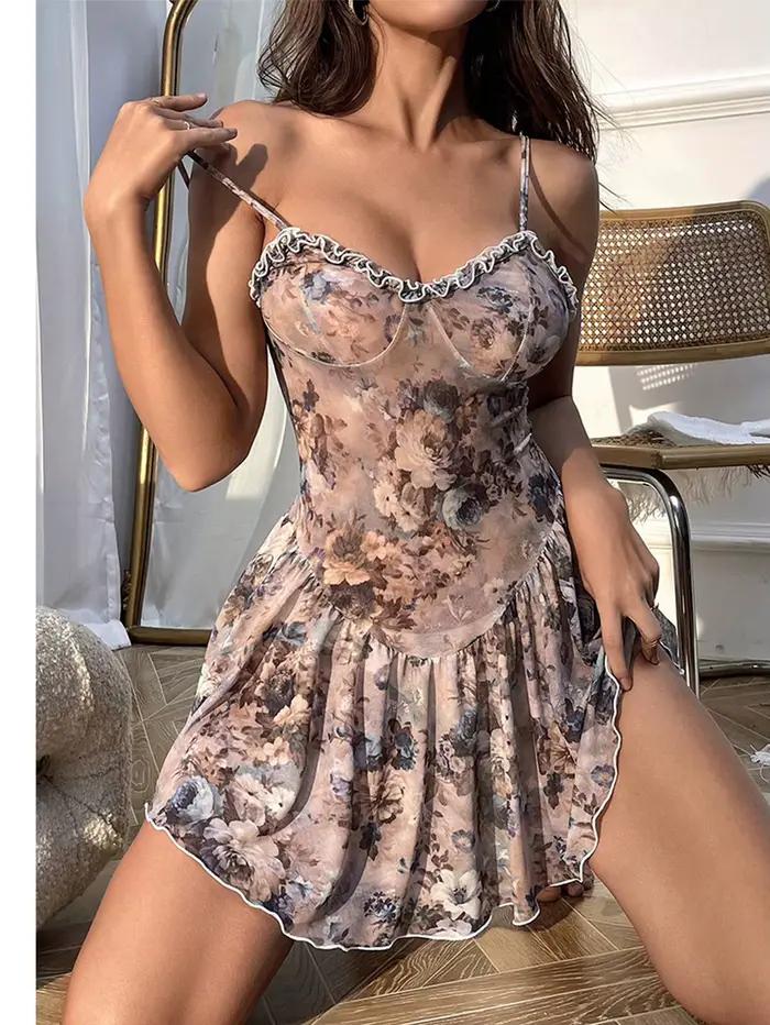 Chemise de nuit camisole florale mini jupe avec dentelle sexy chemises de nuit pour femmes chaudes p