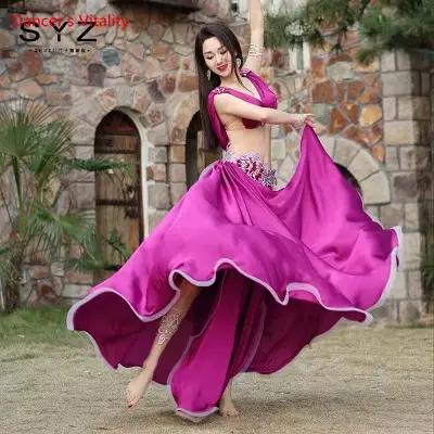 Soutien-gorge en satin imbibé de danse du ventre pour femme, grande jupe balançoire fendue, ensemble