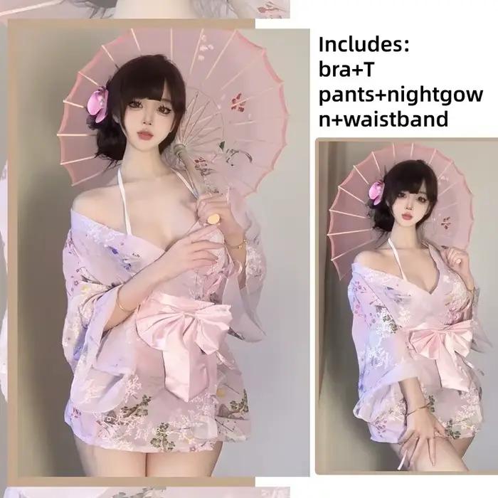 Nouvelle Robe de Nuit Kimono en Chiffon Imprimée et Brodé avec Nœud, Style Déesse de Tokyo, Sexy et 
