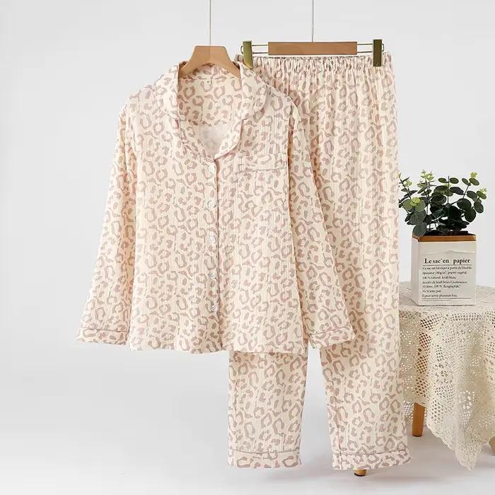 Ensemble pyjama imprimé léopard pour femmes, en coton fin, manches longues, pantalon Long, Simple et