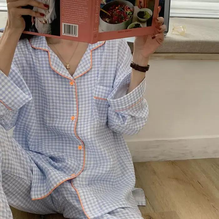 Pyjamas en coton pour femmes vêtements de nuit coréens femme 2 pièces ensemble Pijama Plaid vêtement