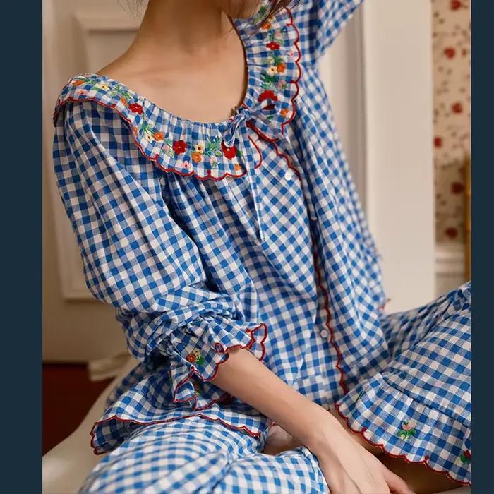 Ensemble de pyjama long à manches longues en coton 100% à carreaux, ample, doux, avec bordure brodée