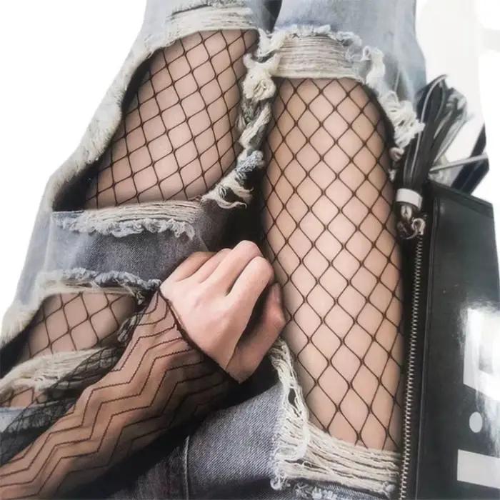 Collants en nylon à maille résille longue pour femmes, bas de corps, bonneterie taille haute, jambes