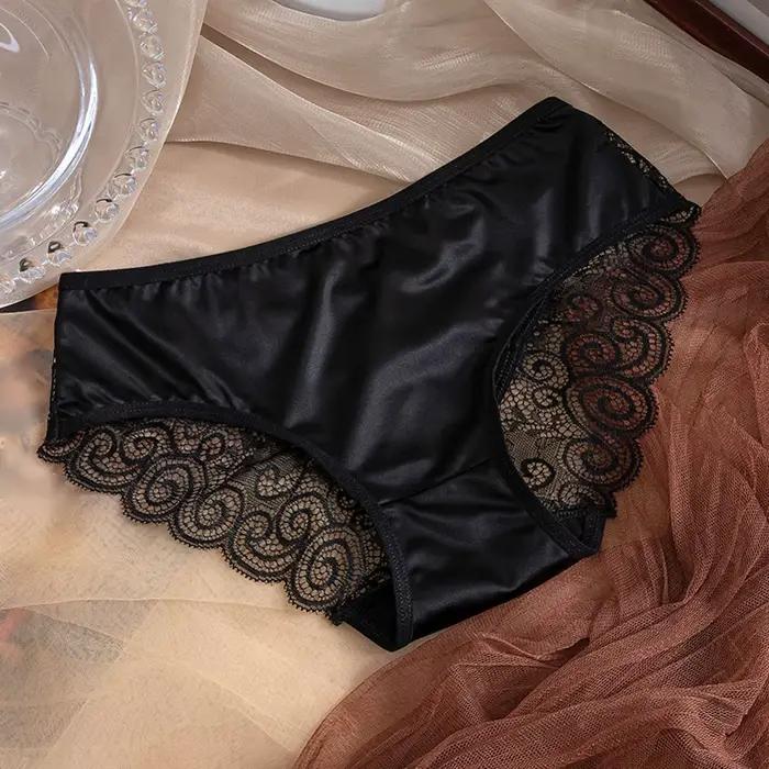 Culotte femme jaune sous-vêtements en Satin de soie dentelle Lingerie Sexy respirant taille moyenne 