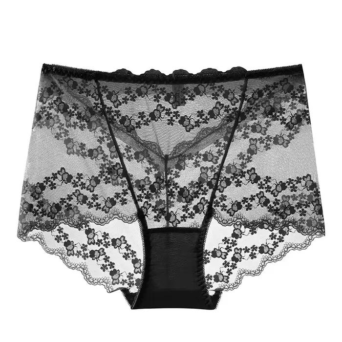 Culotte Sexy en Dentelle Brodée de Fleurs pour Femme, Sous-Vêtement Taille Haute Respirant, Grande T