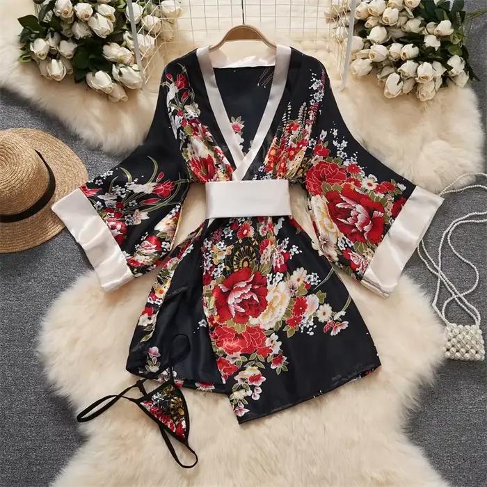 Kimono japonais pour femmes, peignoir, vêtements de nuit, col en v, imprimé floral, nœud à la taille