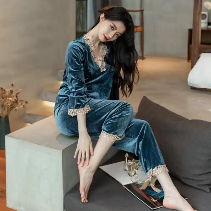 Ensemble de pyjamas en velours pour femmes, automne-hiver, manches longues, pantalon long, vêtements