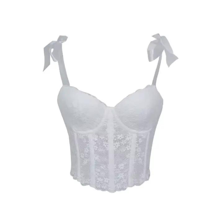 Corset en dentelle transparente à baleines pour femme, bustier rembourré à lacets, haut moulant élég