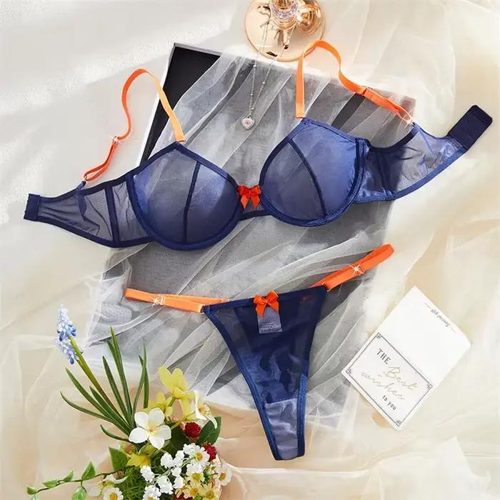 Lingerie féminine bleu marine en maille transparente, soutien-gorge à armatures, string orange à nœu