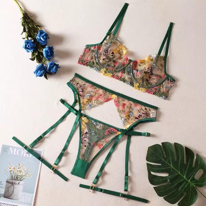 Echonight – Lingerie sensuelle en dentelle, sous-vêtements brodés transparents, jarretelles 3 pièces