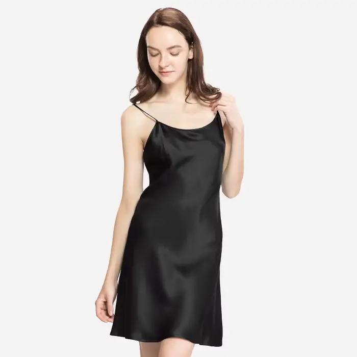 LILYSILK Chemise de nuit en pure soie pour femme avec col rond et bretelles spaghetti réglables pour