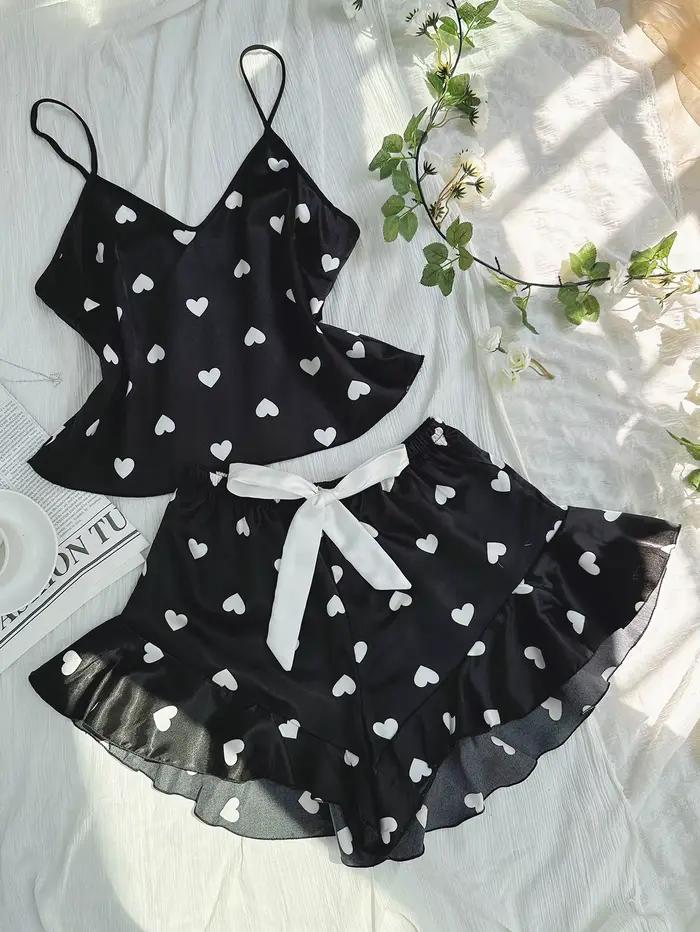 Pyjama mignon à imprimé cœur pour femme, ensemble haut à col en V et short, vêtements de détente sex