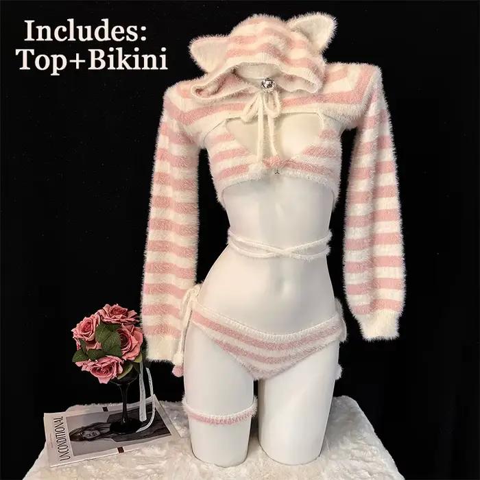 Anime mignon chat fille Lolita rose blanc rayé ours à capuche fourrure pull Cosplay Costume Sexy Lin