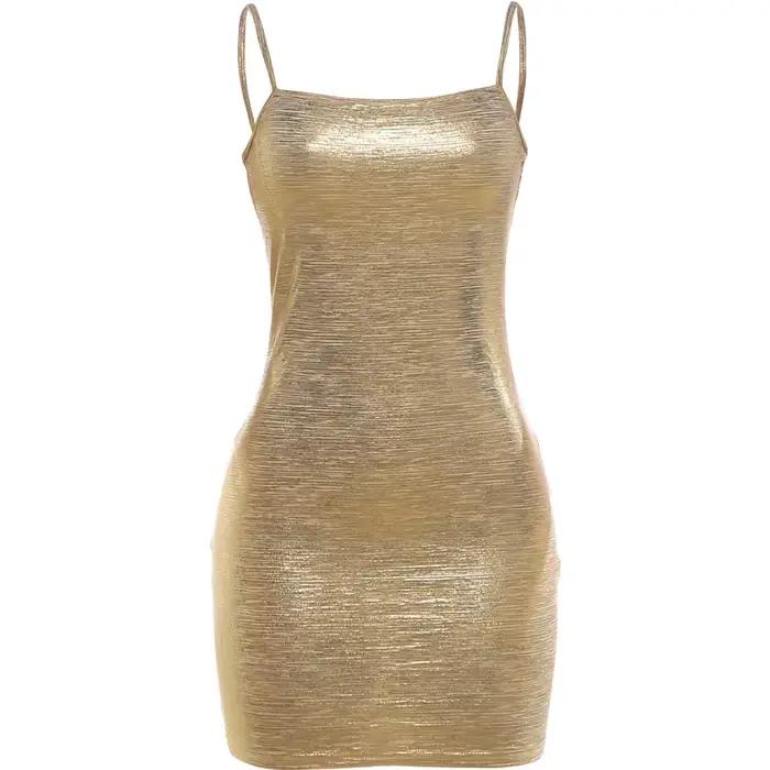 Nibber Minuit Robe Femme Sexy Brillant Or Sling Col Bas Dos Nu Sans Manches Skinny Pêche Hanche Club