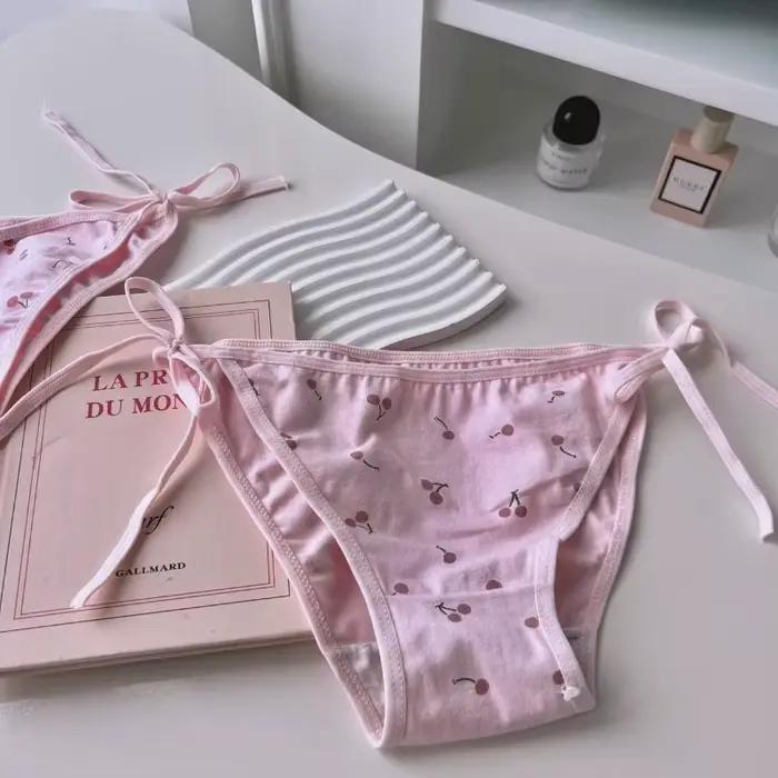 Lolita – culotte en coton à motif cerise pour femmes, sous-vêtements Sexy, blanc, rose, bretelles à 