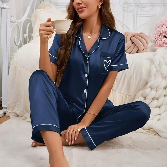 Pyjama en Satin pour femmes, vêtements de maison, manches longues, poches, hauts et pantalons brodés