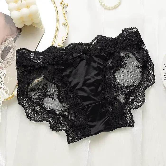 Culotte Sexy en dentelle avec nœud pour femmes, avec épissure en Satin, sans couture, confortable, r