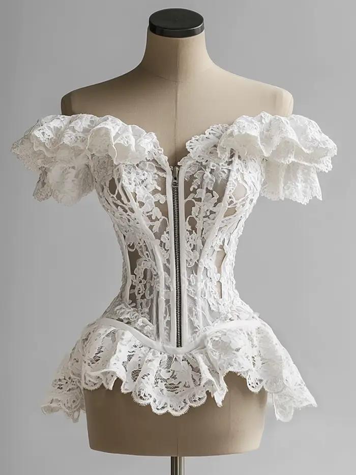 Corset français chemisier femme dentelle à volants épaules dénudées fermeture éclair bustiers Bustie