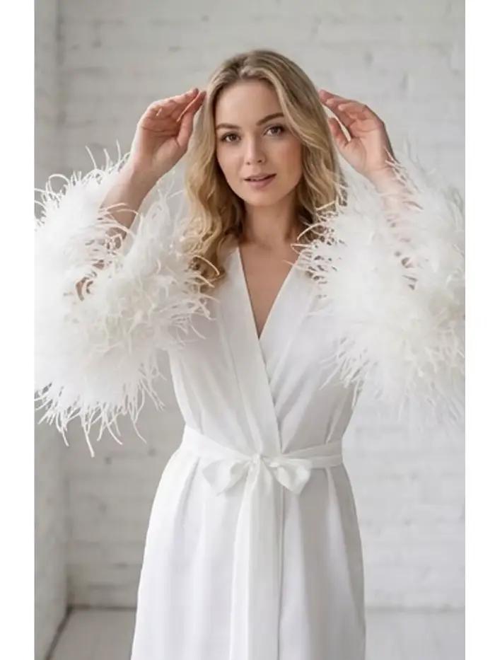 Robe de mariée de luxe en soie avec manches à plumes et sequins, peignoir de boudoir, lingerie de ma