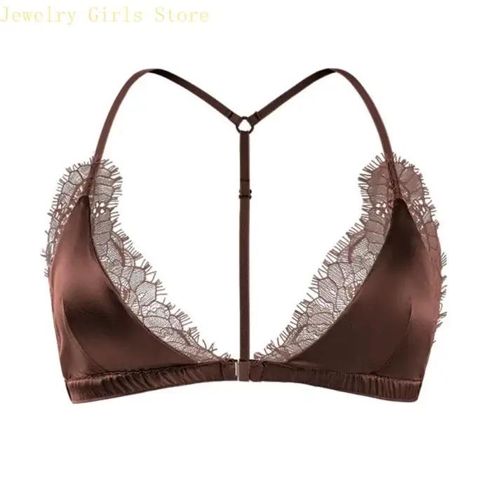 E56F – soutien-gorge licou en dentelle avec fermeture sur le devant, sans fil, décolleté en V profon