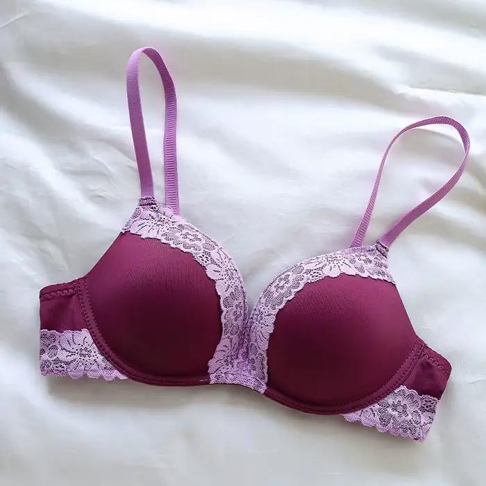 Soutien-gorge push-up réglable sans armatures pour femme, en dentelle française violette à imprimé l