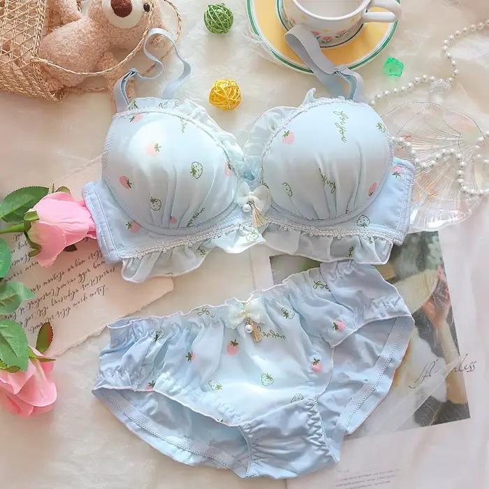 Ensemble de lingerie fraise douce pour femmes, grande taille, mignon, imprimé de dessin animé japona