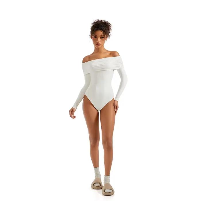 Body chemisier basique à manches longues pour femme, coupe ajustée, épaules dénudées, style streetwe