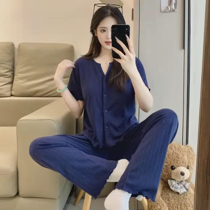 Pyjama en tissu de coton à fleurs pour femmes, haut à manches courtes et pantalon long, ensemble de 