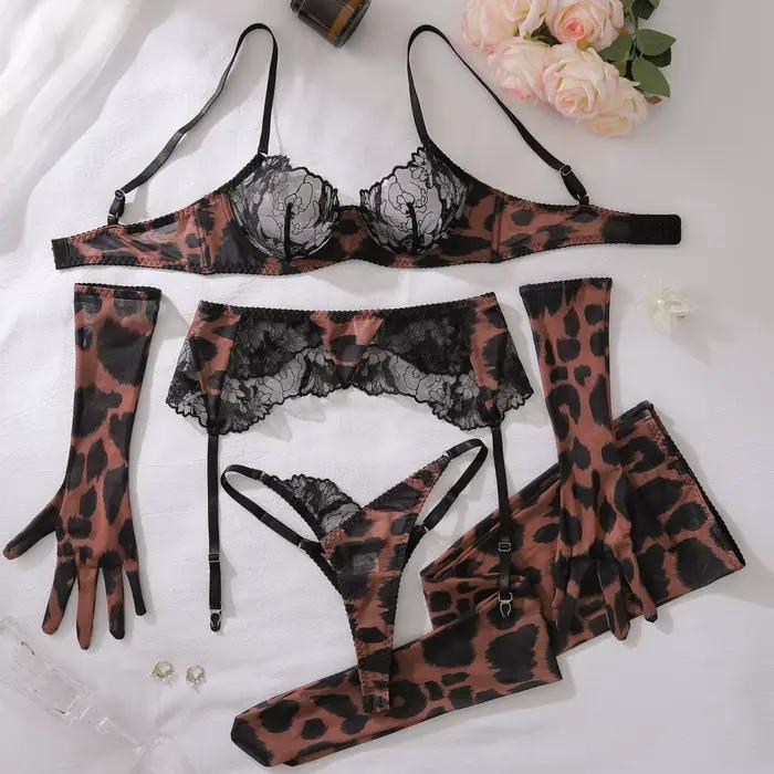Ensemble de lingerie léopard 5 pièces pour femme, avec soutien-gorge en dentelle, bas et collier ras